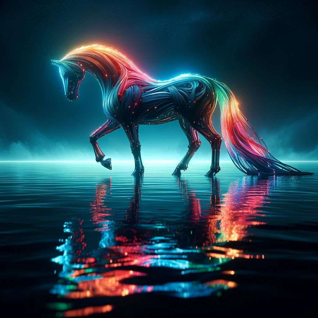 a horse, made from glowing multicolored luminescent sheets of metal, digital art